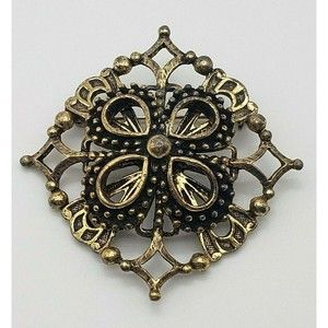 HEDY Snowflake Design Brooch Pin Antique Gold Tone Gilt Filigree Vintage Signed
